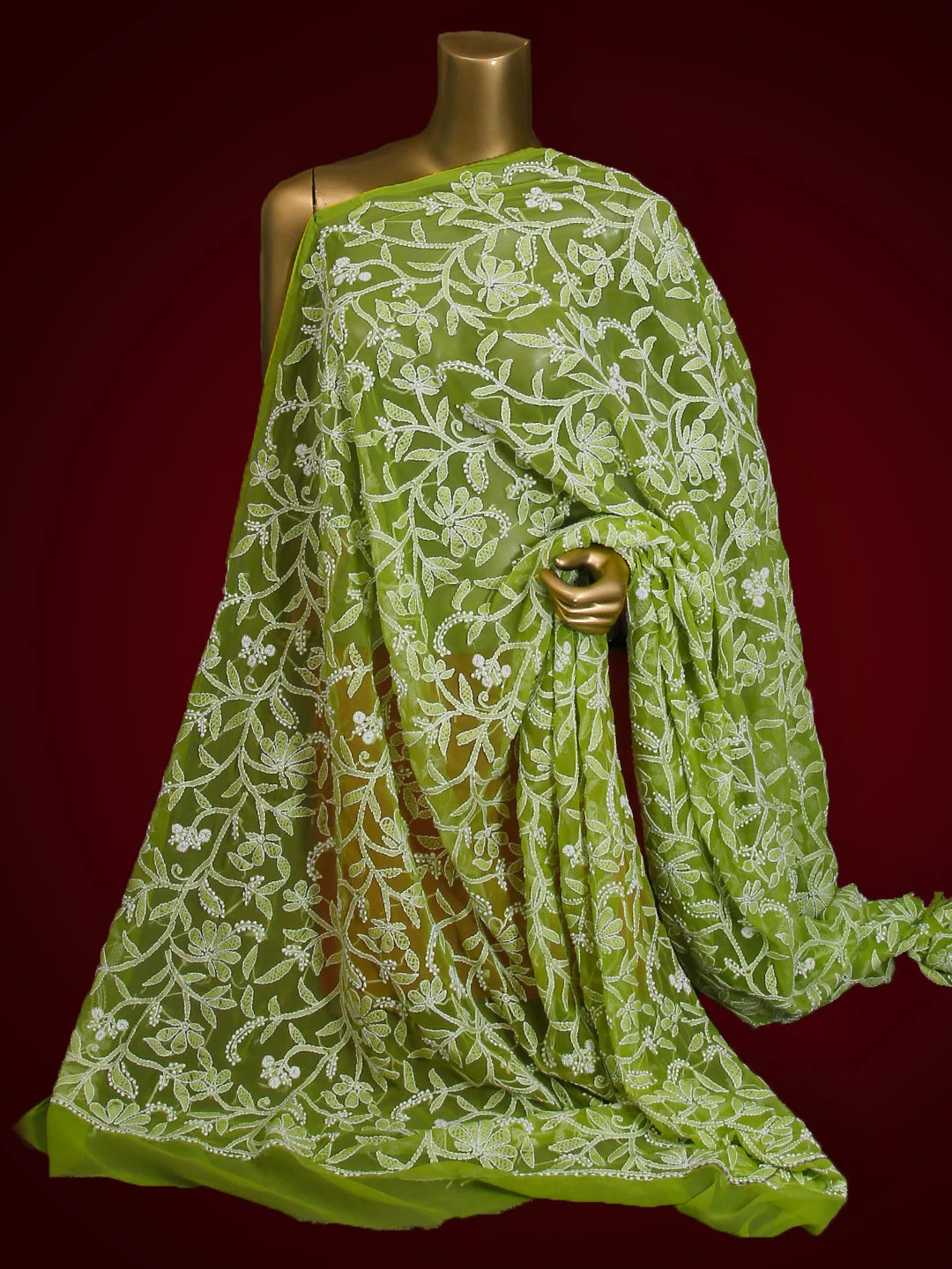 Ada Hand Embroidered Green Georgette Lucknowi Chikankari Dupatta 01A218300