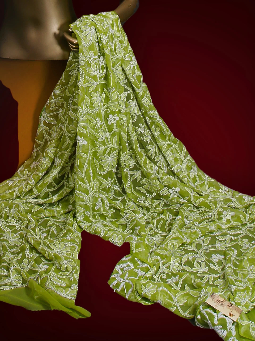 Ada Hand Embroidered Green Georgette Lucknowi Chikankari Dupatta 01A218300