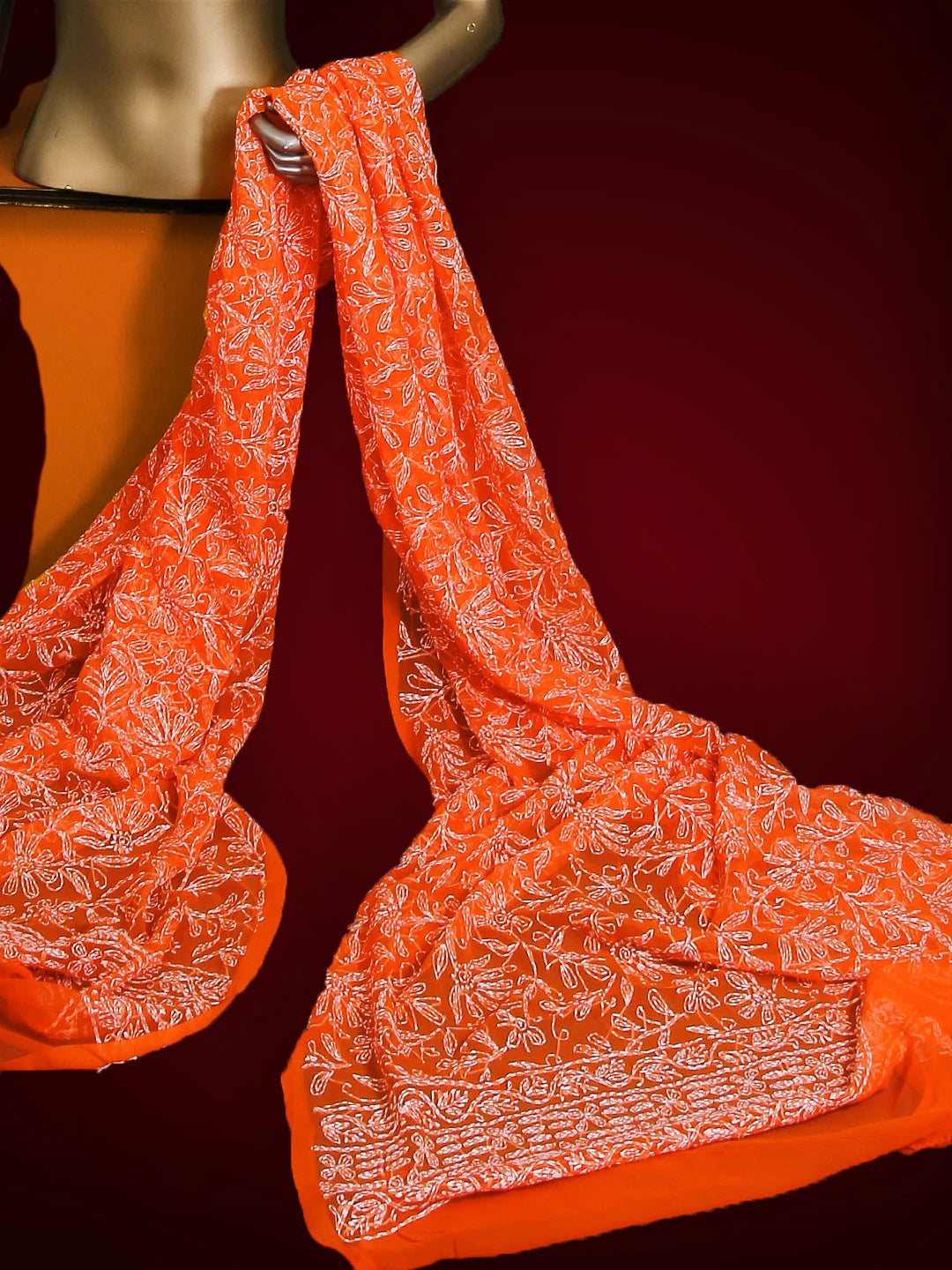 Ada Hand Embroidered Orange Georgette Lucknowi Chikankari Dupatta 01A255823