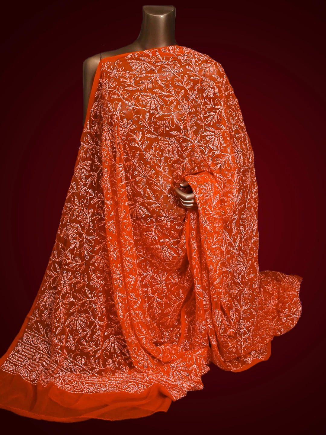 Ada Hand Embroidered Orange Georgette Lucknowi Chikankari Dupatta 01A255823