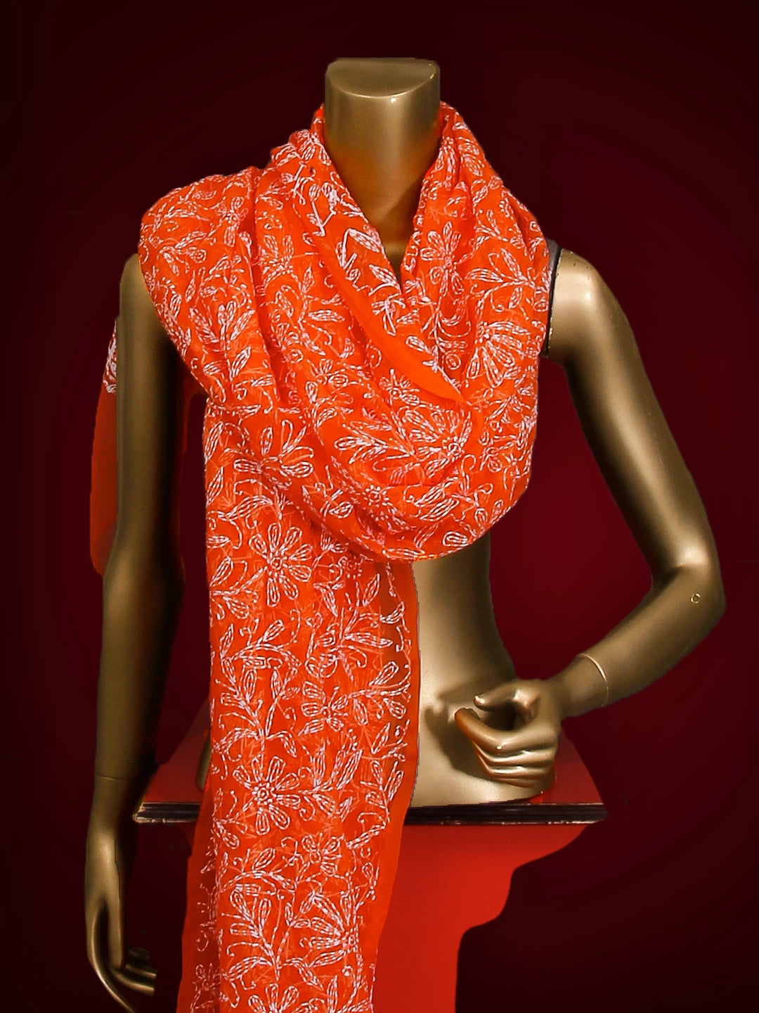 Ada Hand Embroidered Orange Georgette Lucknowi Chikankari Dupatta 01A255823
