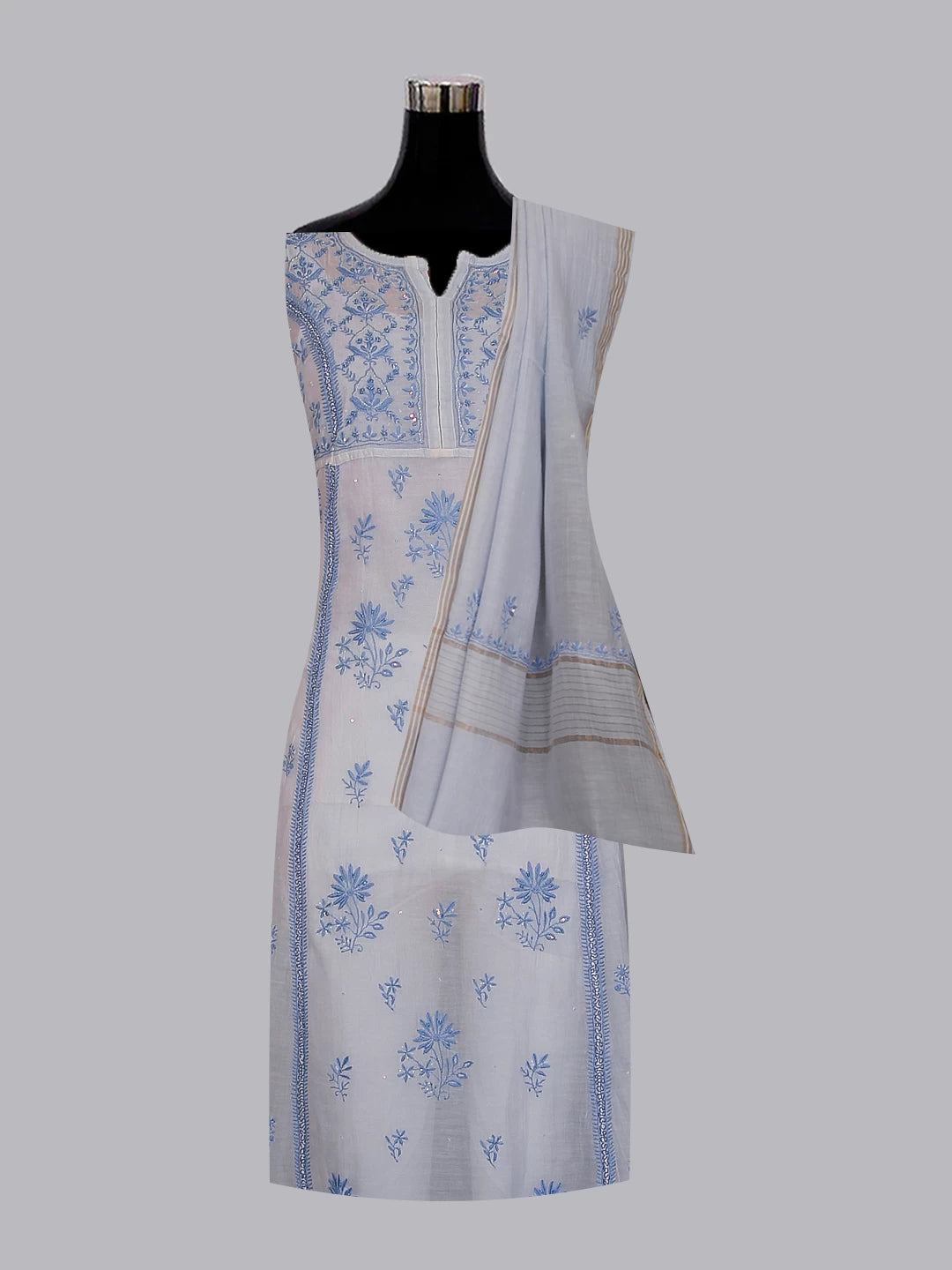 Ada Hand Embroidered Blue Mulmul Chanderi Lucknowi Chikakari Semi-Stitched Kurta Dupatta Set With Cutdana Work 01A462805