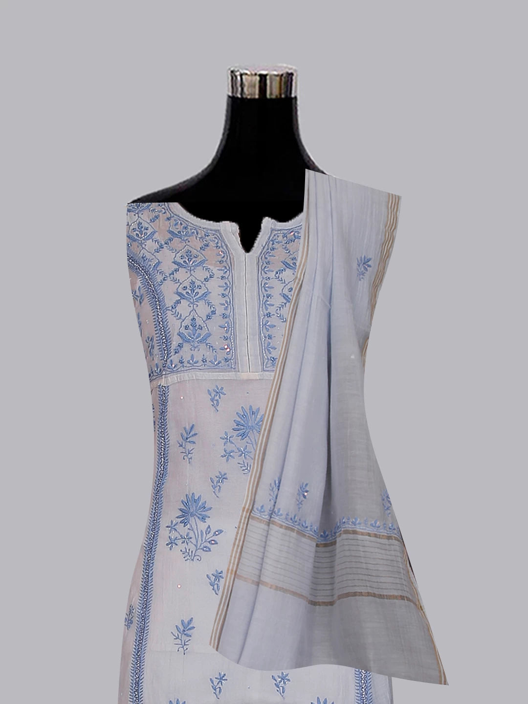 Ada Hand Embroidered Blue Mulmul Chanderi Lucknowi Chikakari Semi-Stitched Kurta Dupatta Set With Cutdana Work 01A462805