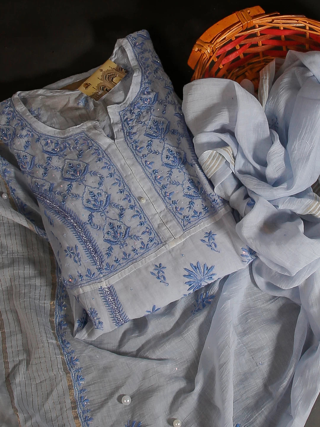 Ada Hand Embroidered Blue Mulmul Chanderi Lucknowi Chikakari Semi-Stitched Kurta Dupatta Set With Cutdana Work 01A462805