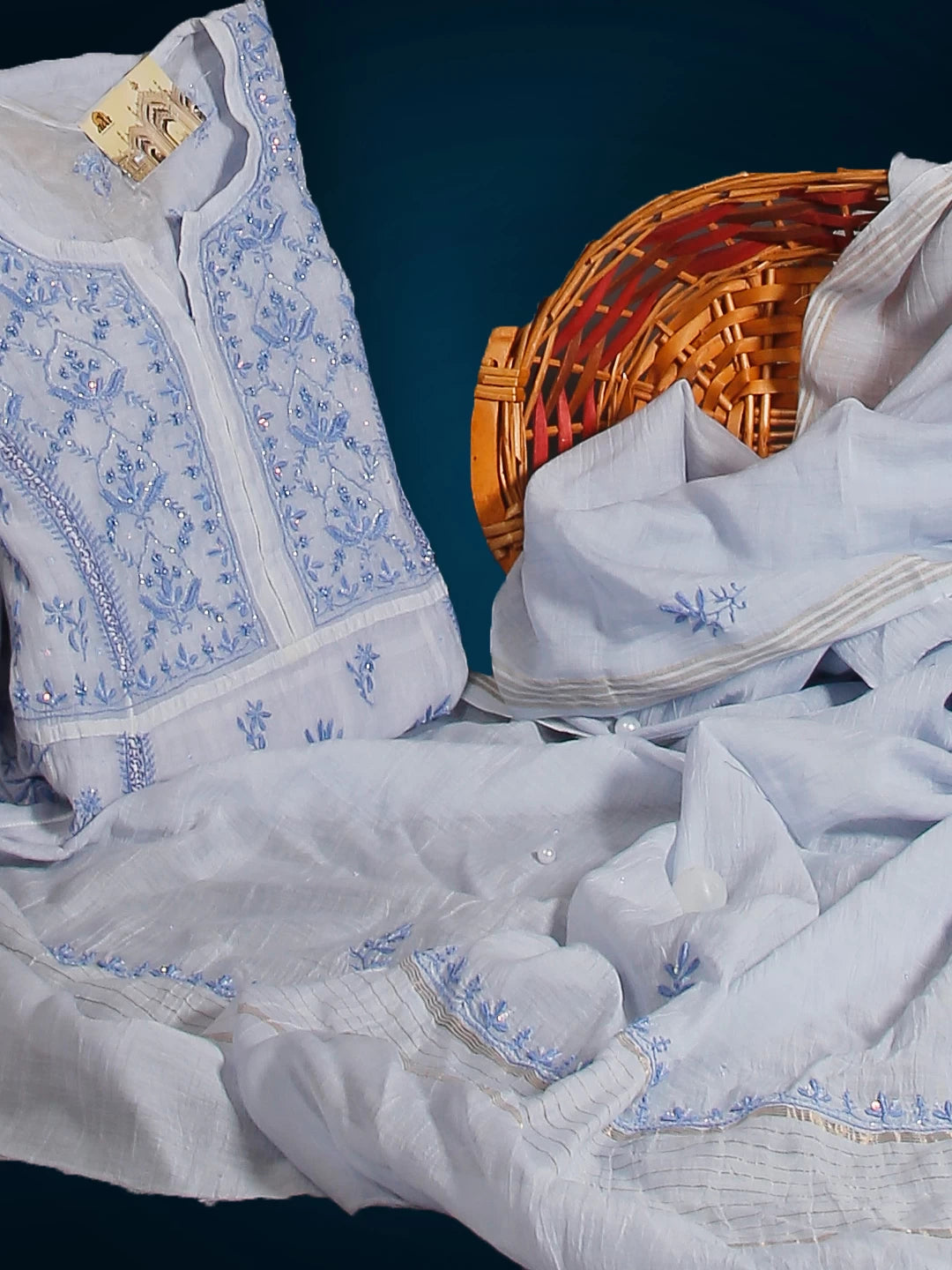 Ada Hand Embroidered Blue Mulmul Chanderi Lucknowi Chikakari Semi-Stitched Kurta Dupatta Set With Cutdana Work 01A462805