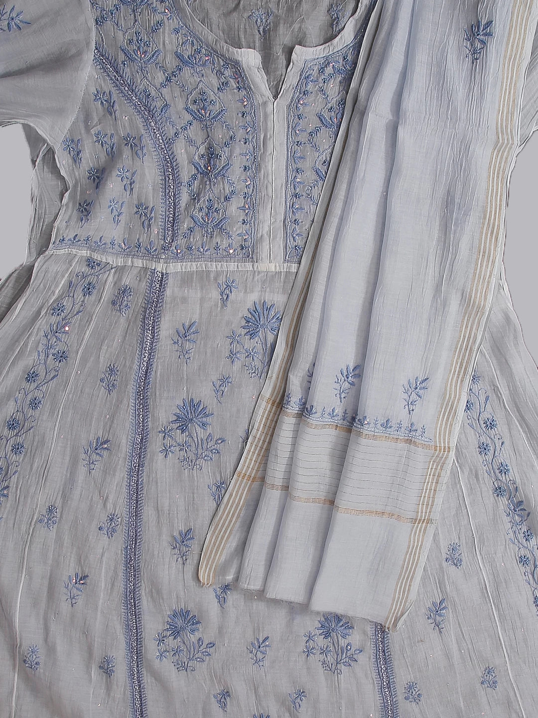 Ada Hand Embroidered Blue Mulmul Chanderi Lucknowi Chikakari Semi-Stitched Kurta Dupatta Set With Cutdana Work 01A462805