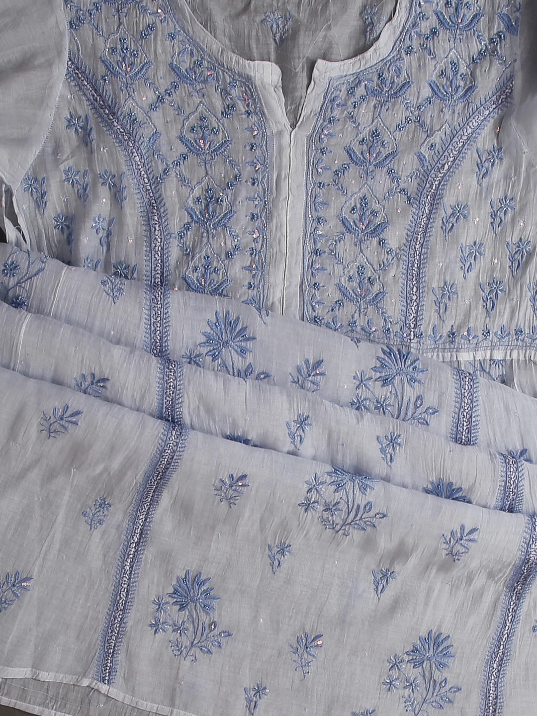 Ada Hand Embroidered Blue Mulmul Chanderi Lucknowi Chikakari Semi-Stitched Kurta Dupatta Set With Cutdana Work 01A462805