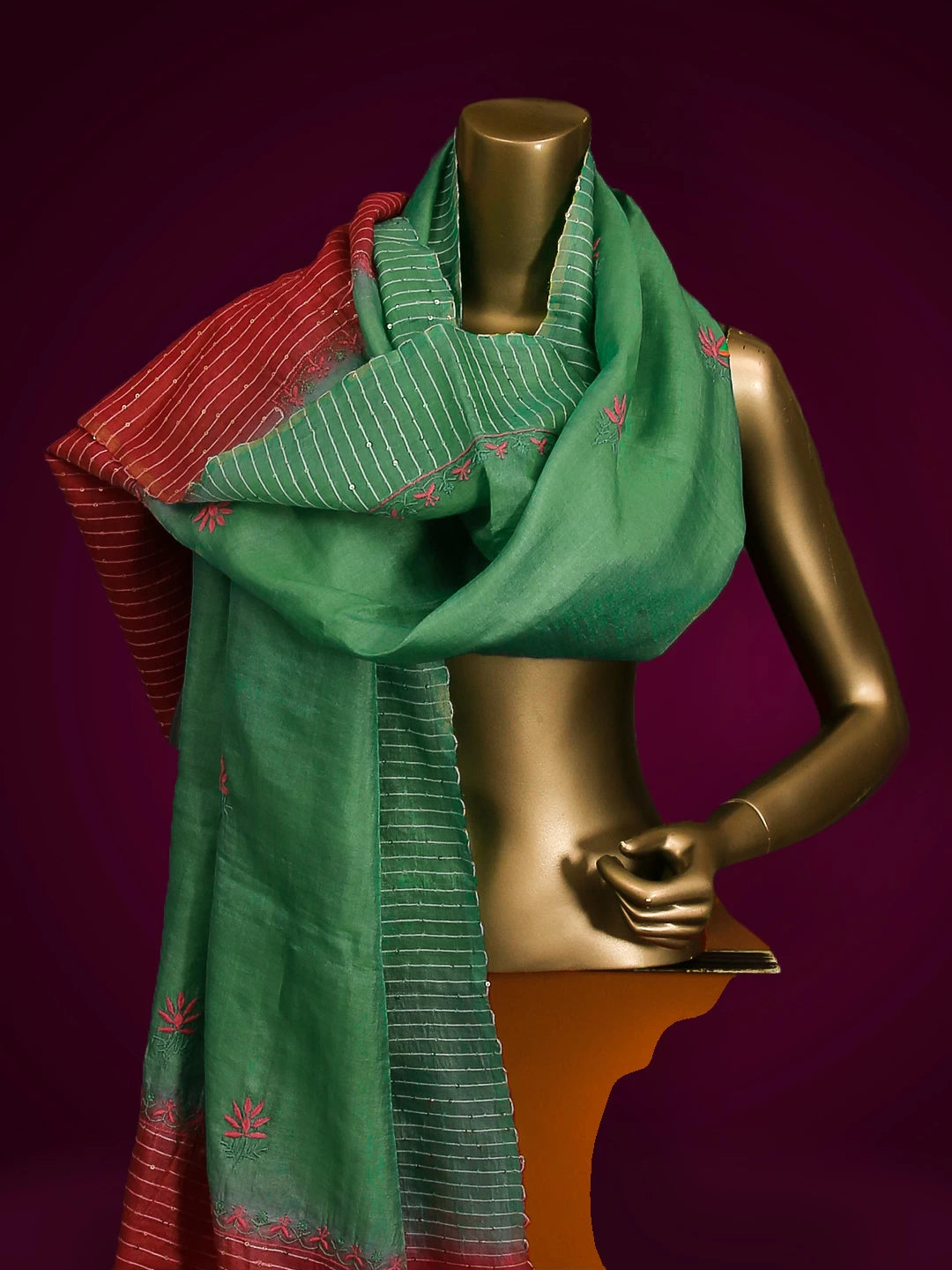 Ada Hand Embroidered Green Tussar Silk Lucknowi Chikankari Dupatta With Sequinned Work 01A338685