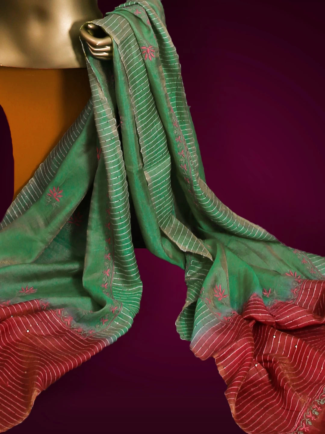 Ada Hand Embroidered Green Tussar Silk Lucknowi Chikankari Dupatta With Sequinned Work 01A338685