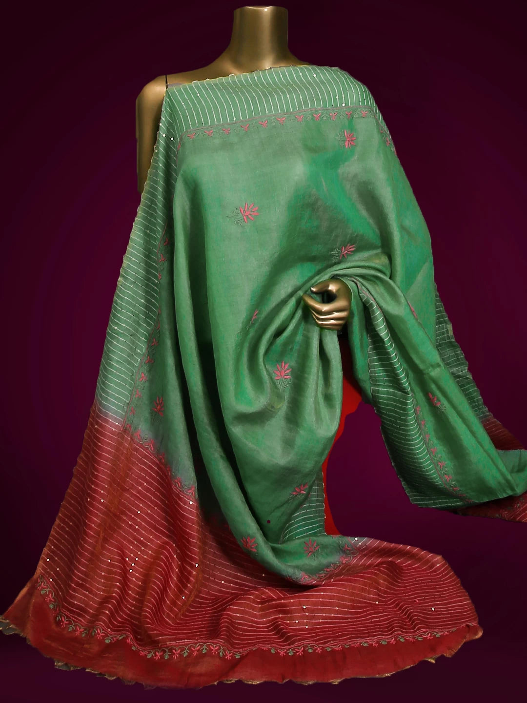 Ada Hand Embroidered Green Tussar Silk Lucknowi Chikankari Dupatta With Sequinned Work 01A338685