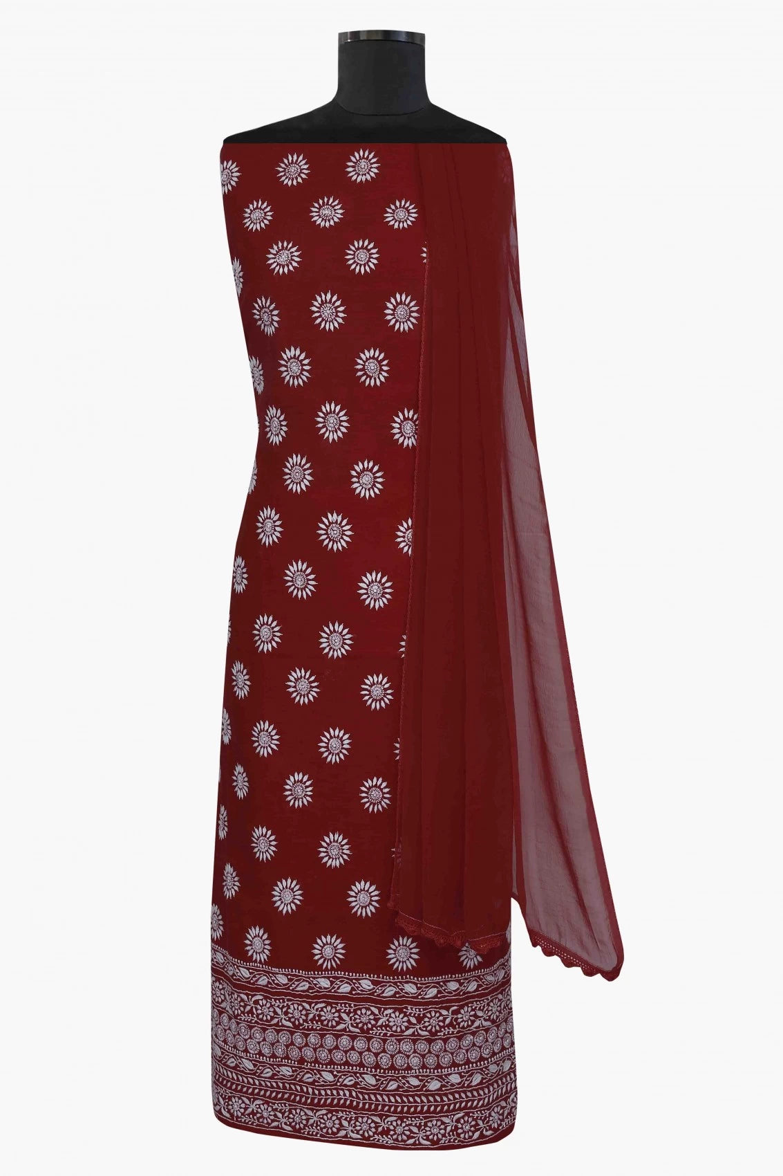 Ada Hand Embroidered Crimson Red Cotton Lucknowi Chikankari Unstitched Suit Piece A489068