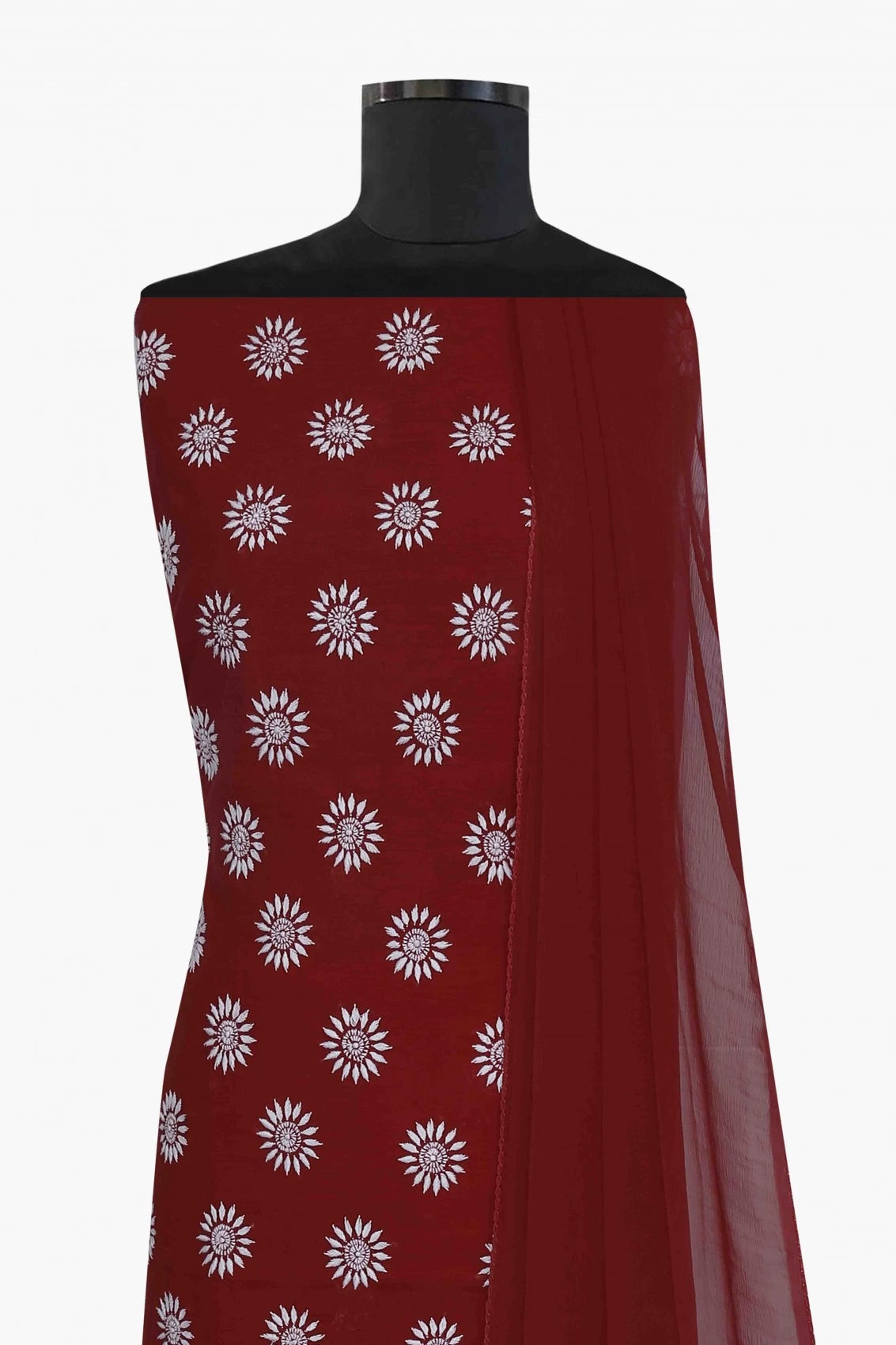 Ada Hand Embroidered Crimson Red Cotton Lucknowi Chikankari Unstitched Suit Piece A489068