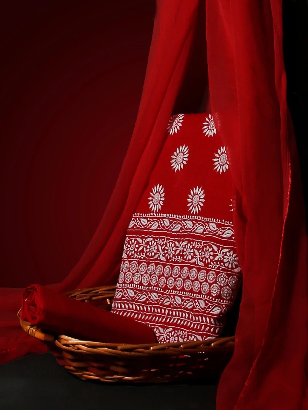 Ada Hand Embroidered Crimson Red Cotton Lucknowi Chikankari Unstitched Suit Piece A489068