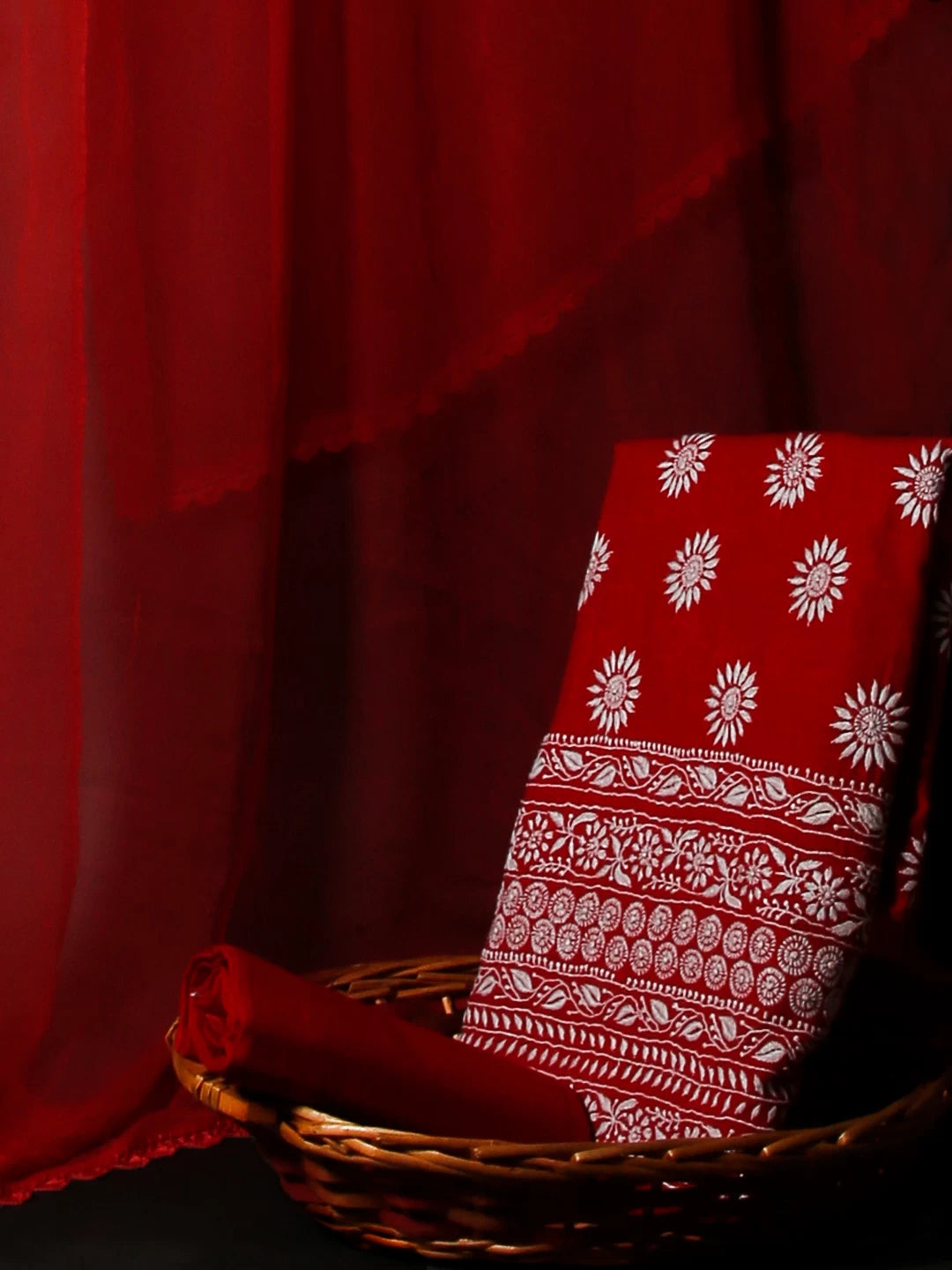 Ada Hand Embroidered Crimson Red Cotton Lucknowi Chikankari Unstitched Suit Piece A489068