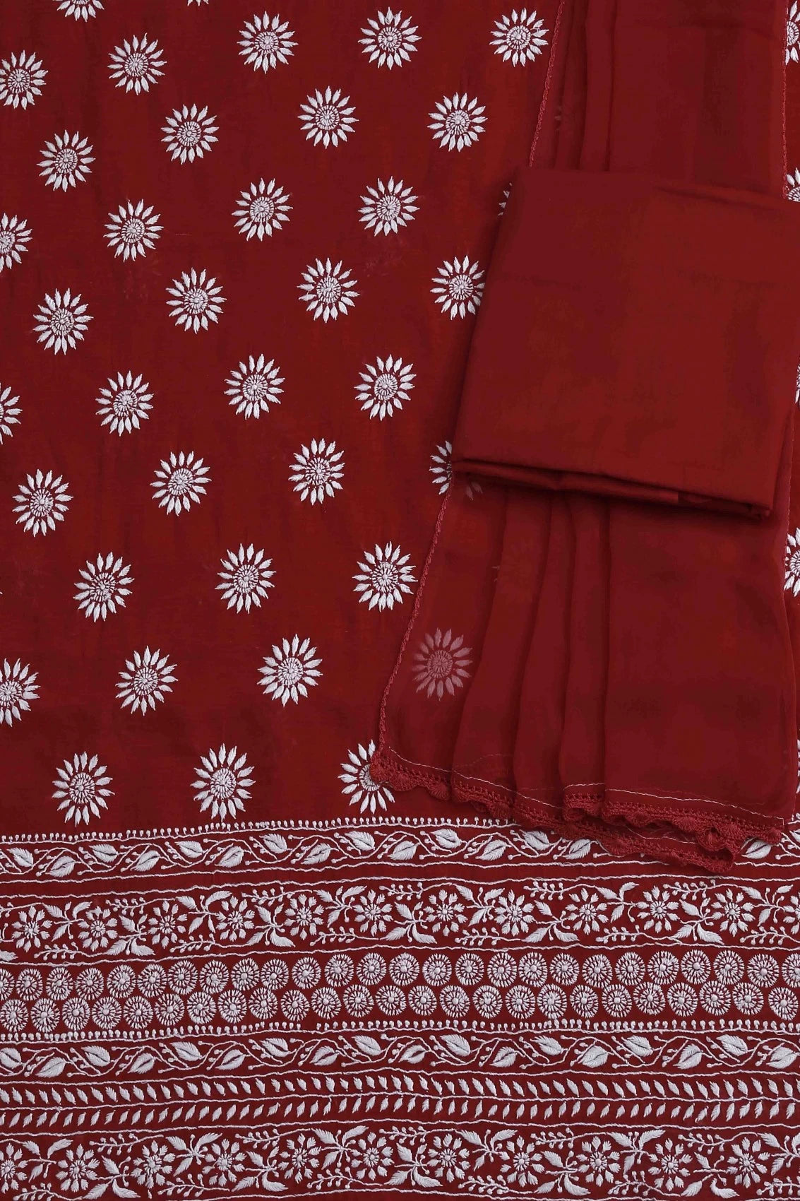 Ada Hand Embroidered Crimson Red Cotton Lucknowi Chikankari Unstitched Suit Piece A489068