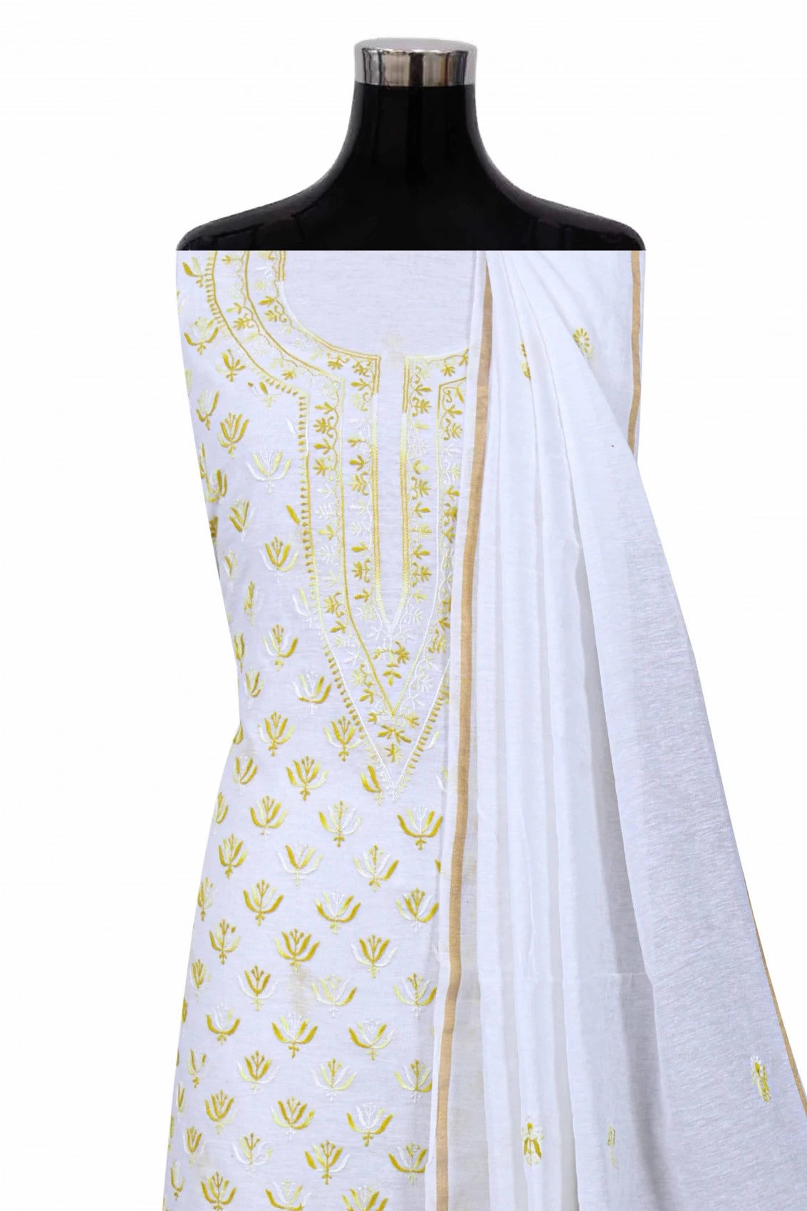 Ada Hand Embroidered White Cotton Lucknowi Chikankari Unstitched Kurta Dupatta Set 01A165720