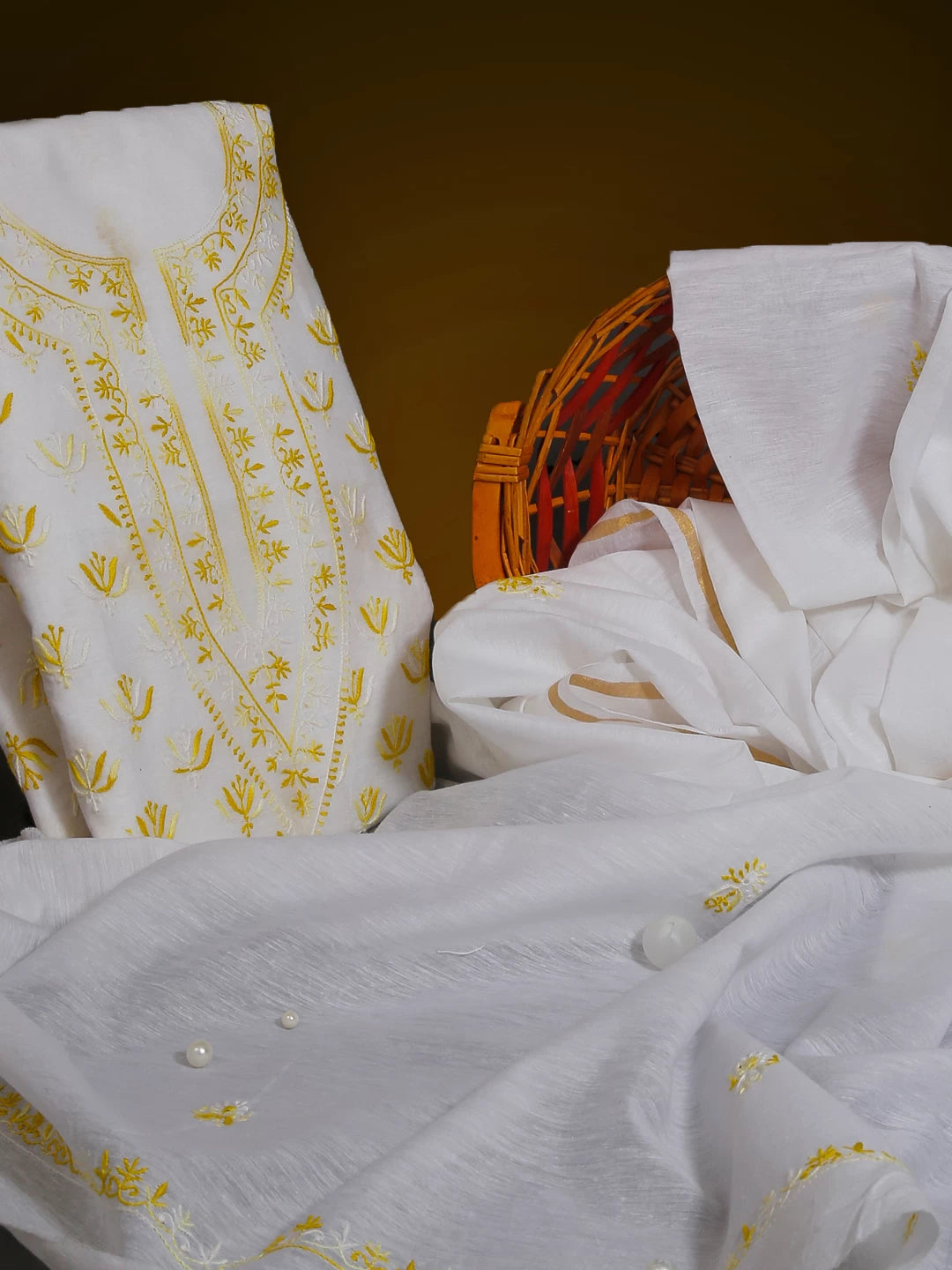 Ada Hand Embroidered White Cotton Lucknowi Chikankari Unstitched Kurta Dupatta Set 01A165720