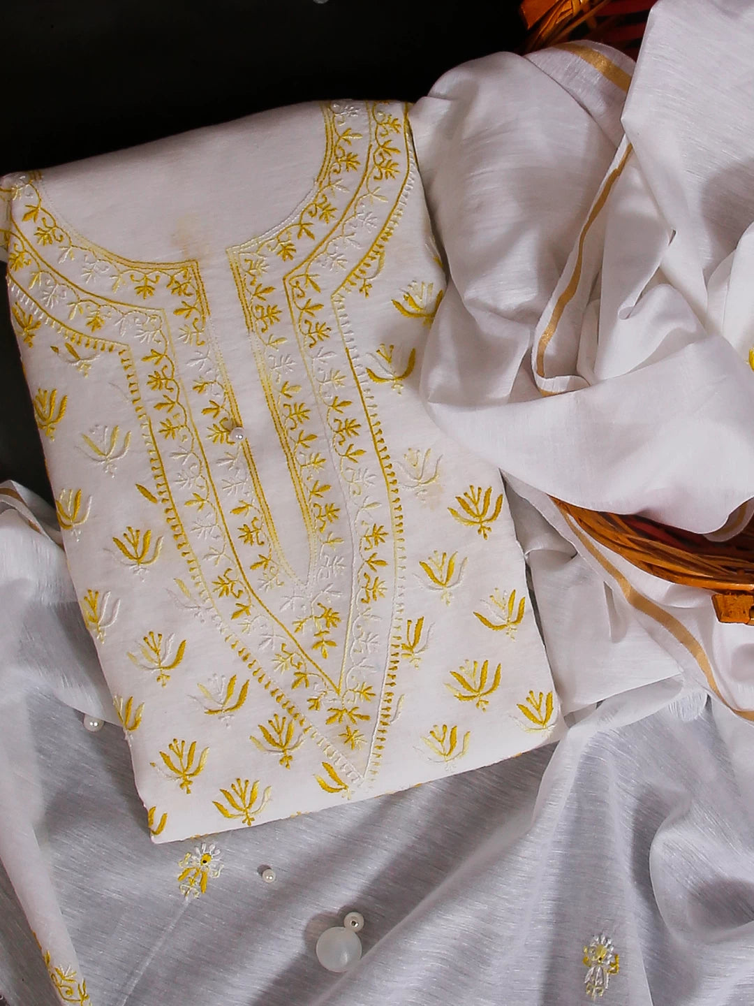 Ada Hand Embroidered White Cotton Lucknowi Chikankari Unstitched Kurta Dupatta Set 01A165720