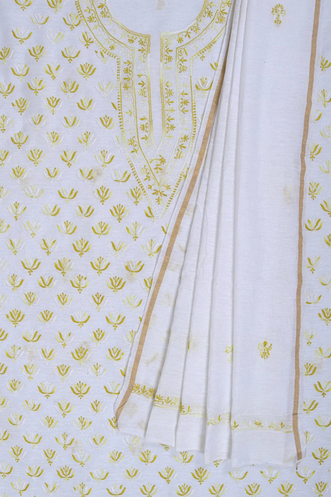 Ada Hand Embroidered White Cotton Lucknowi Chikankari Unstitched Kurta Dupatta Set 01A165720