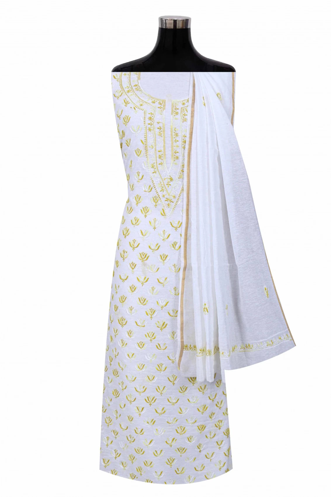 Ada Hand Embroidered White Cotton Lucknowi Chikankari Unstitched Kurta Dupatta Set 01A165720
