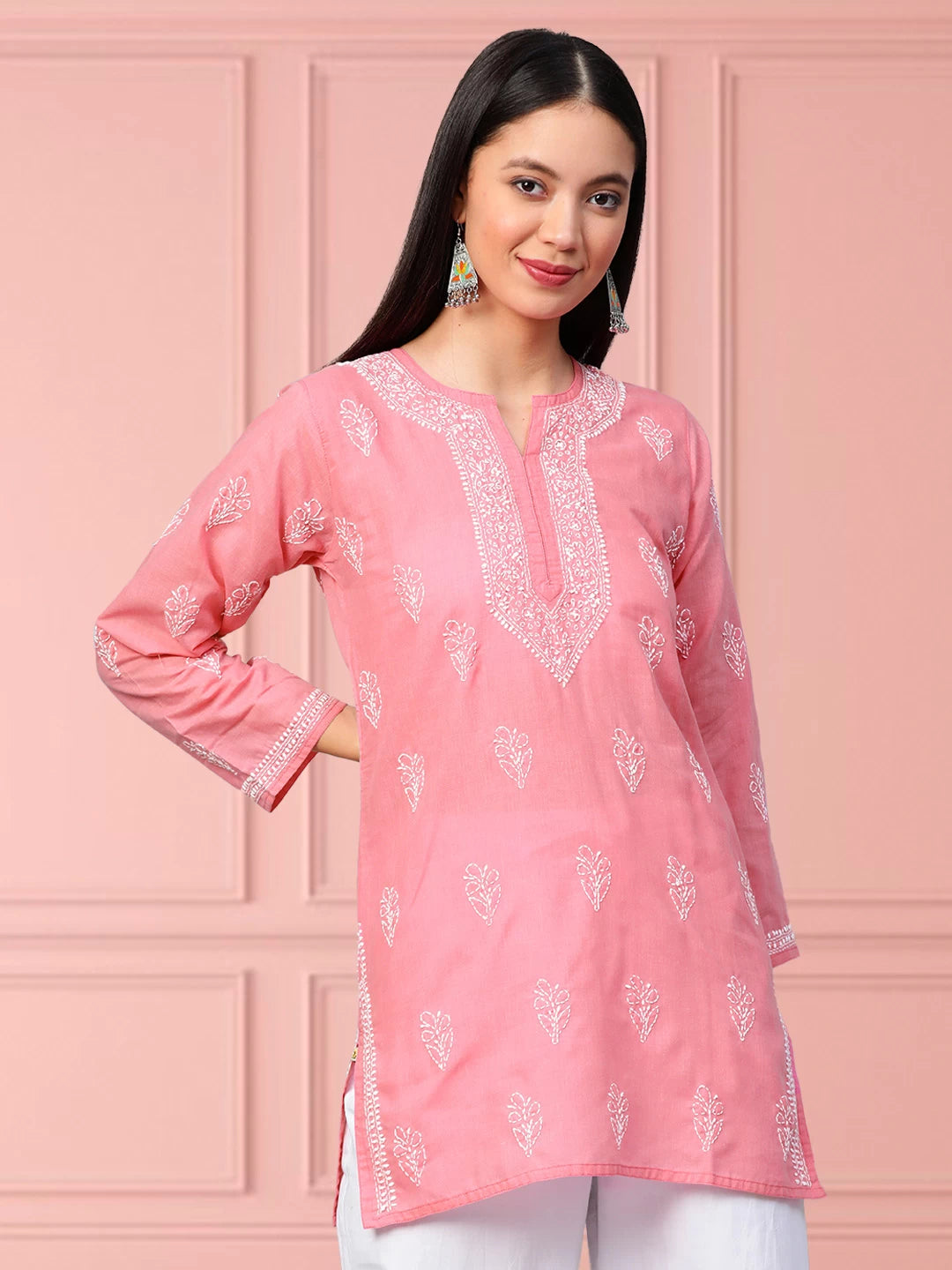 Ada Hand Embroidered Peach Cotton Lucknowi Chikankari Short Kurti A911340