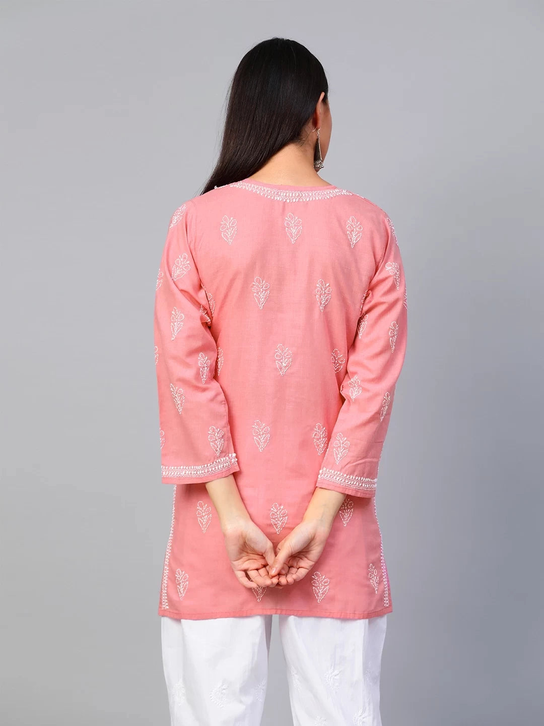 Ada Hand Embroidered Peach Cotton Lucknowi Chikankari Short Kurti A911340