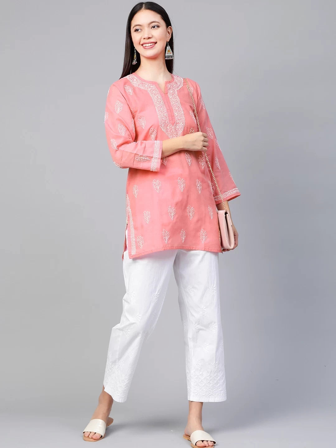 Ada Hand Embroidered Peach Cotton Lucknowi Chikankari Short Kurti A911340
