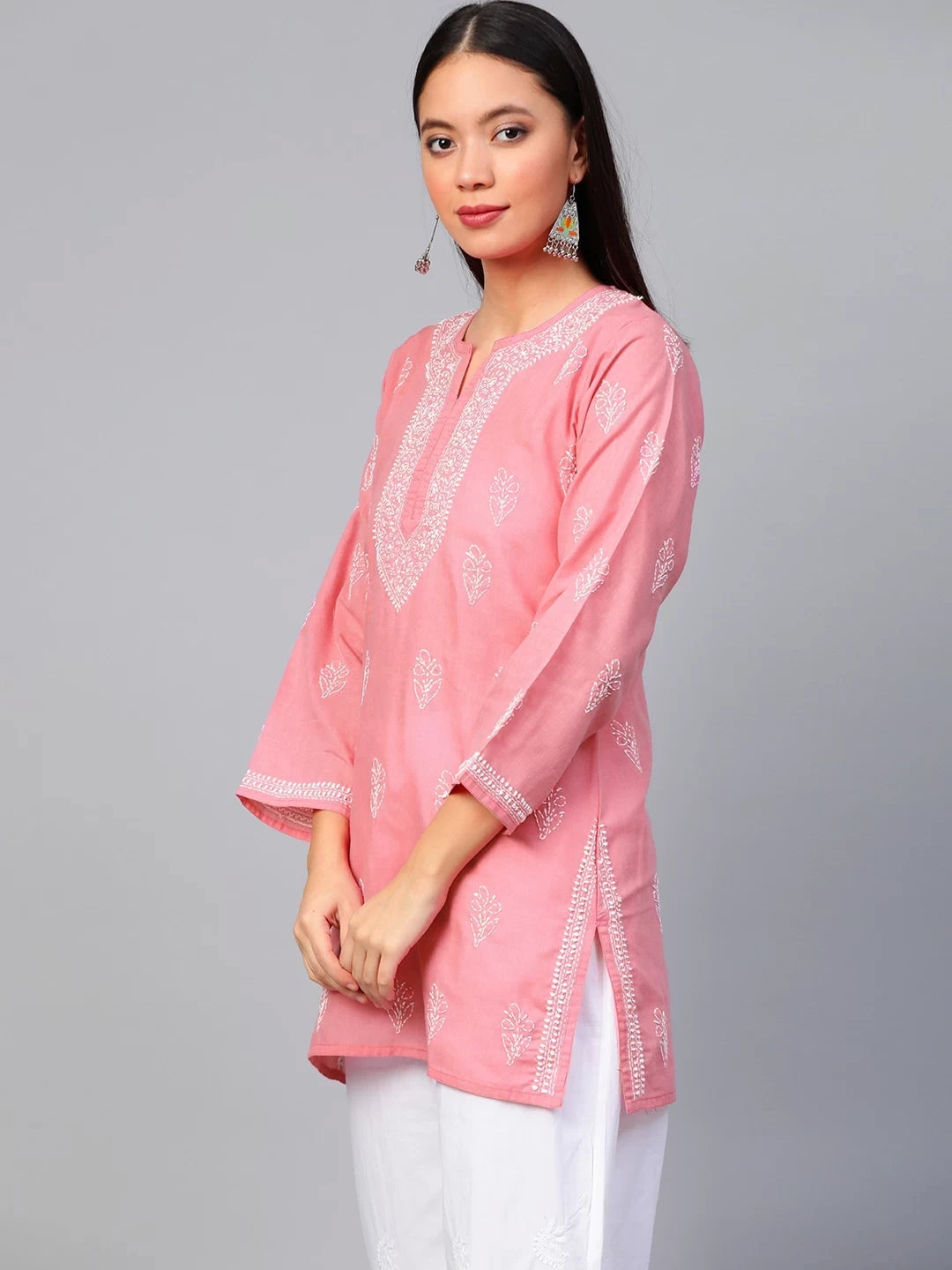 Ada Hand Embroidered Peach Cotton Lucknowi Chikankari Short Kurti A911340