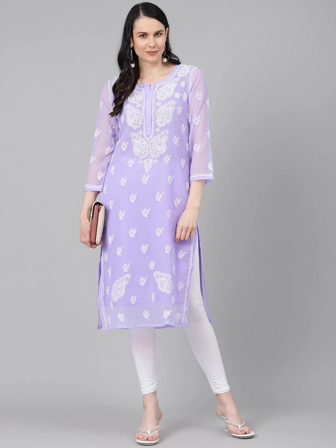 Ada Hand Embroidered Mauve Georgette Lucknowi Chikankari Kurta With Slip A411160