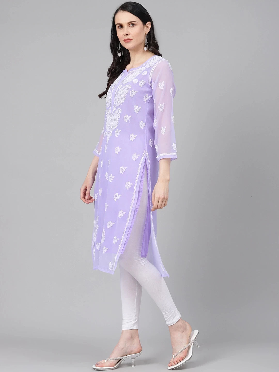 Ada Hand Embroidered Mauve Georgette Lucknowi Chikankari Kurta With Slip A411160