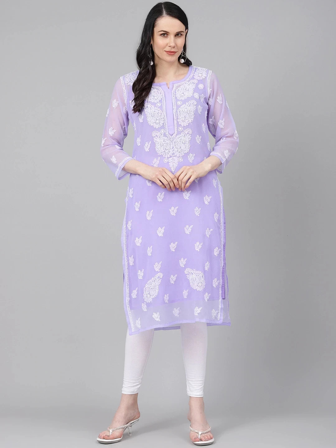 Ada Hand Embroidered Mauve Georgette Lucknowi Chikankari Kurta With Slip A411160