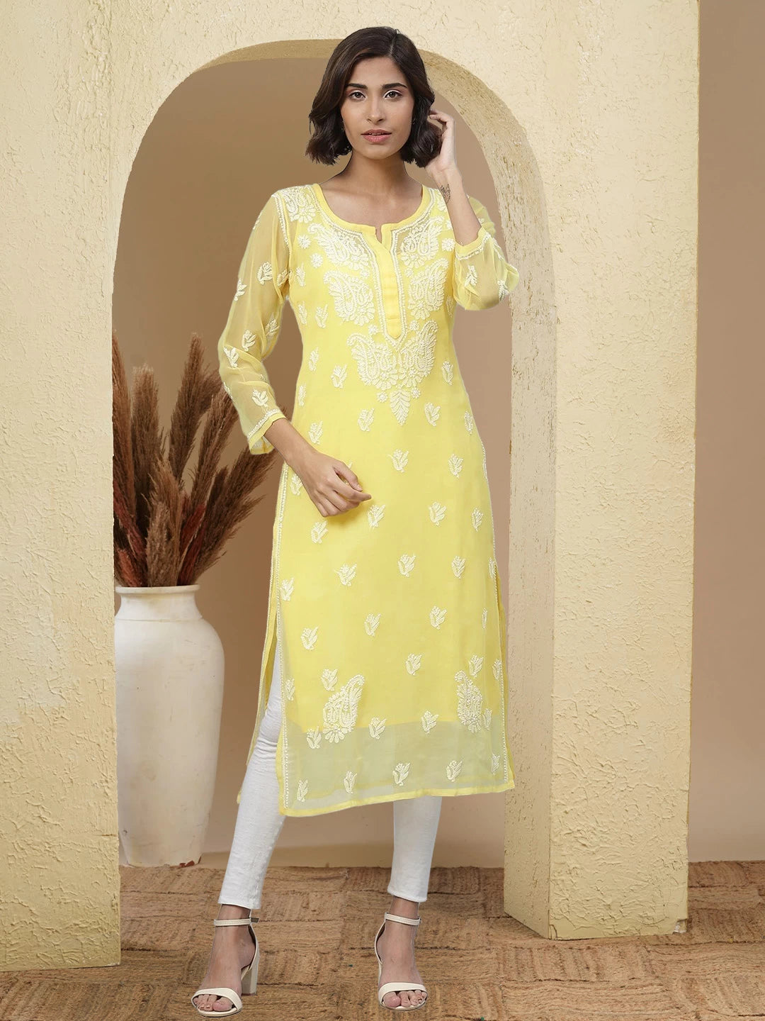 Ada Hand Embroidered Yellow Georgette Lucknowi Chikankari Straight Kurta With Slip A411128