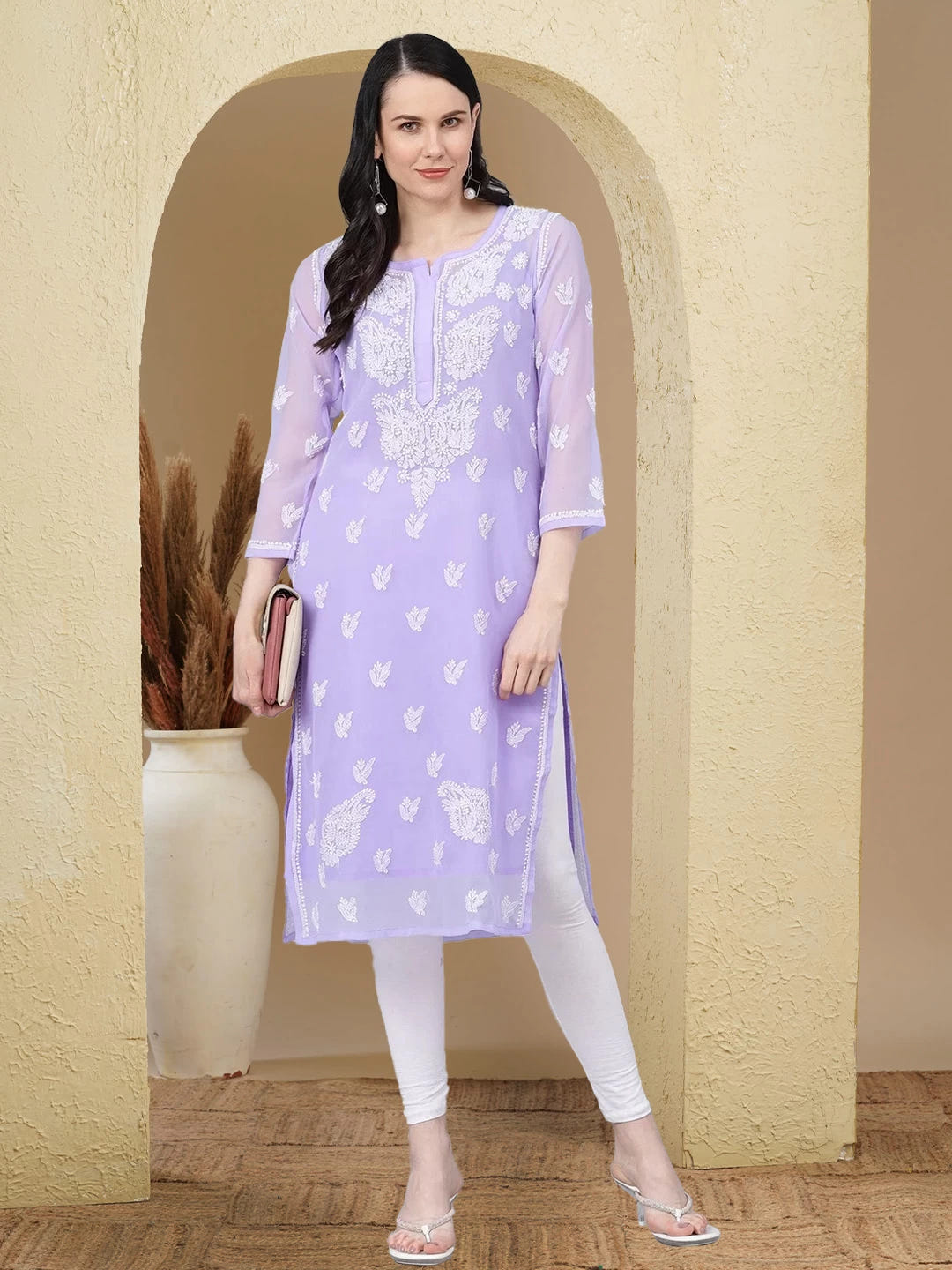 Ada Hand Embroidered Mauve Georgette Lucknowi Chikankari Kurta With Slip A411160