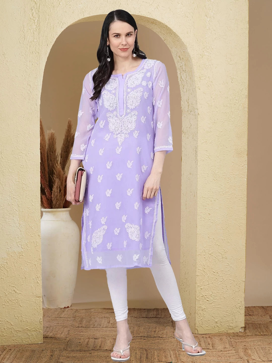 Ada Hand Embroidered Mauve Georgette Lucknowi Chikankari Kurta With Slip A411160