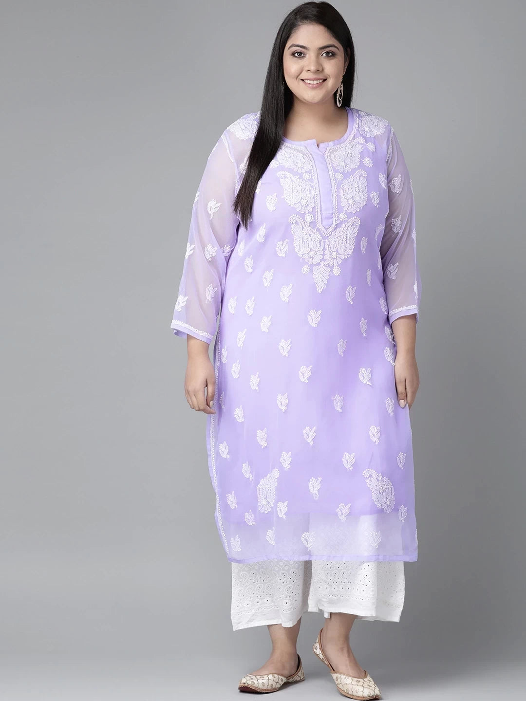 Ada Hand Embroidered Mauve Georgette Lucknowi Chikankari Kurta With Slip A411160
