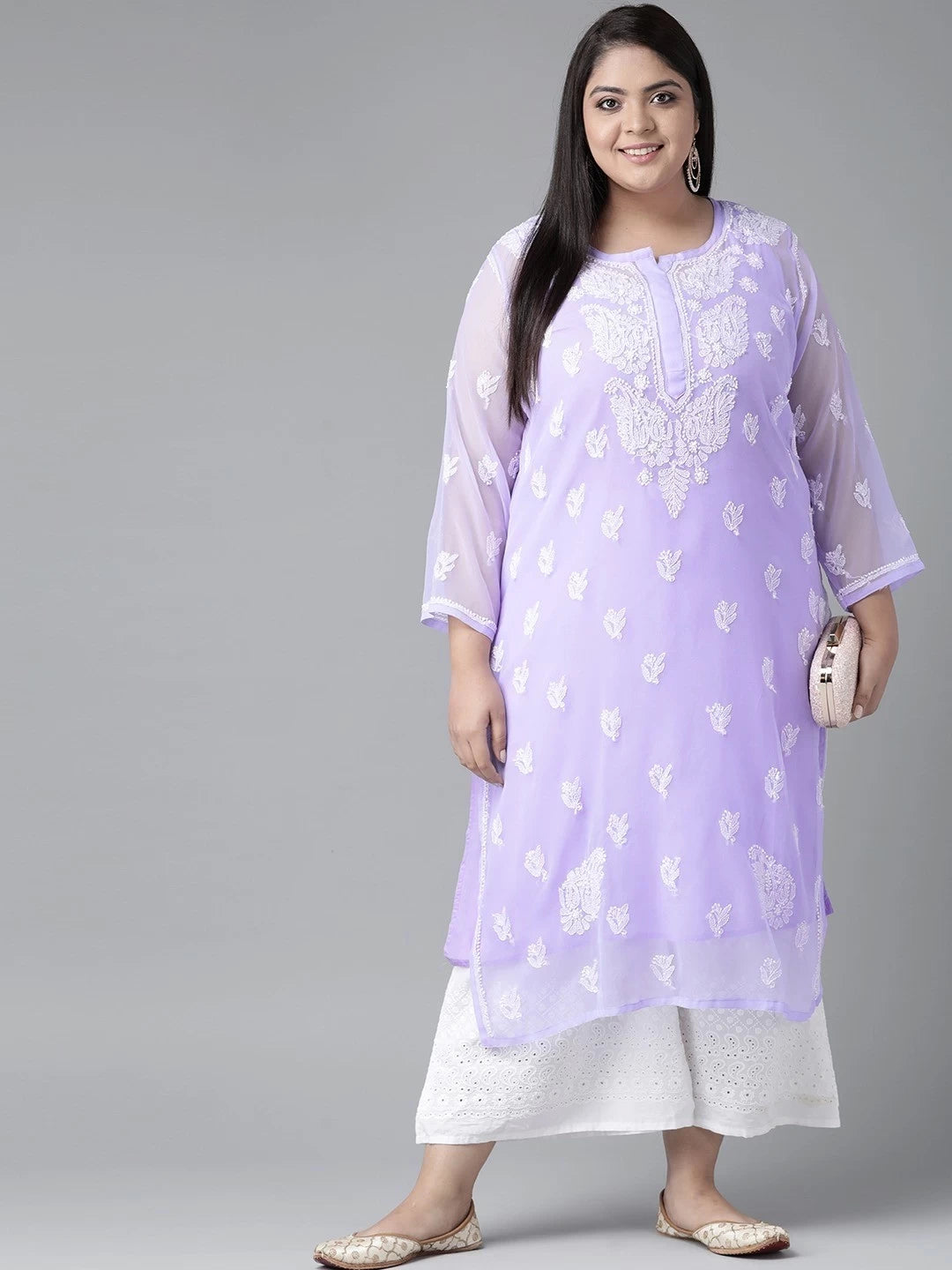 Ada Hand Embroidered Mauve Georgette Lucknowi Chikankari Kurta With Slip A411160