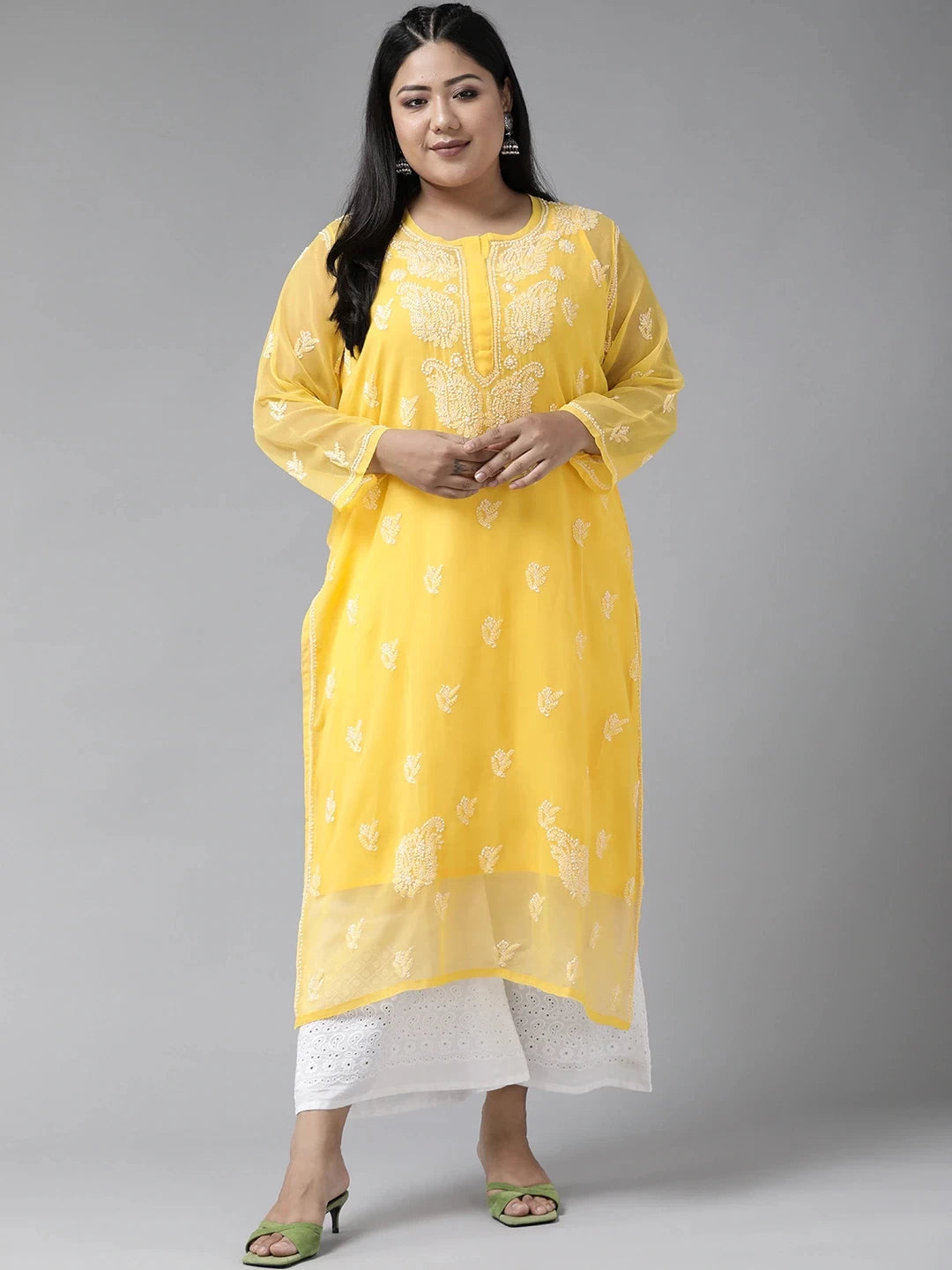 Ada Hand Embroidered Yellow Georgette Lucknowi Chikankari Straight Kurta With Slip A411128