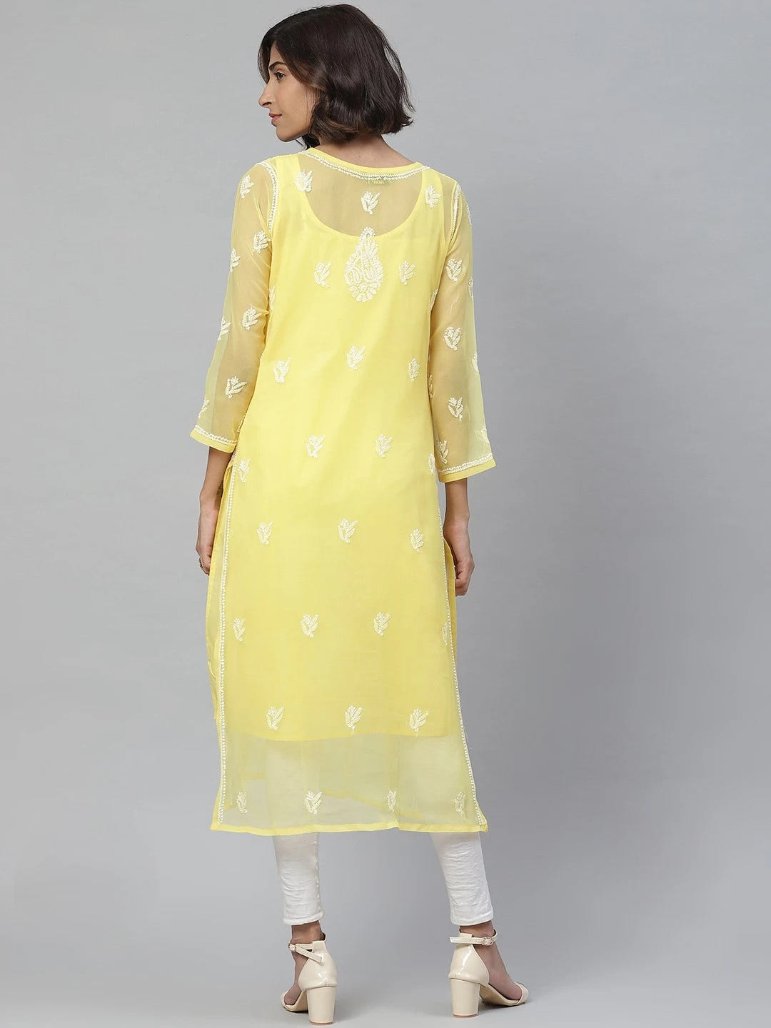 Ada Hand Embroidered Yellow Georgette Lucknowi Chikankari Straight Kurta With Slip A411128