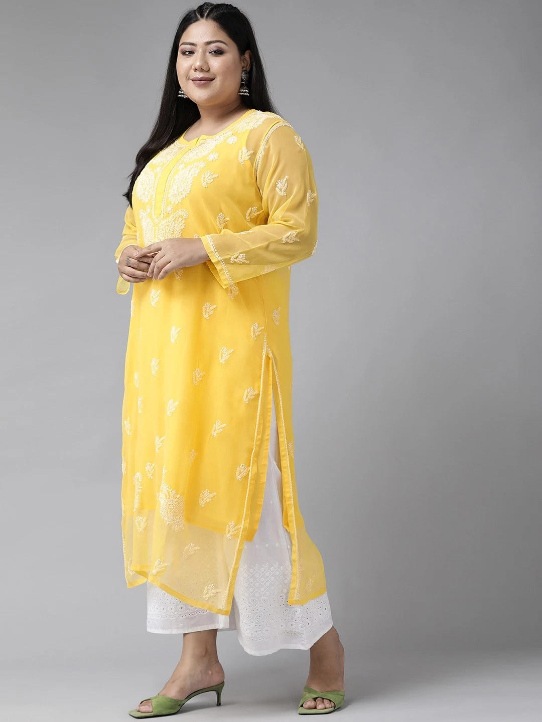 Ada Hand Embroidered Yellow Georgette Lucknowi Chikankari Straight Kurta With Slip A411128