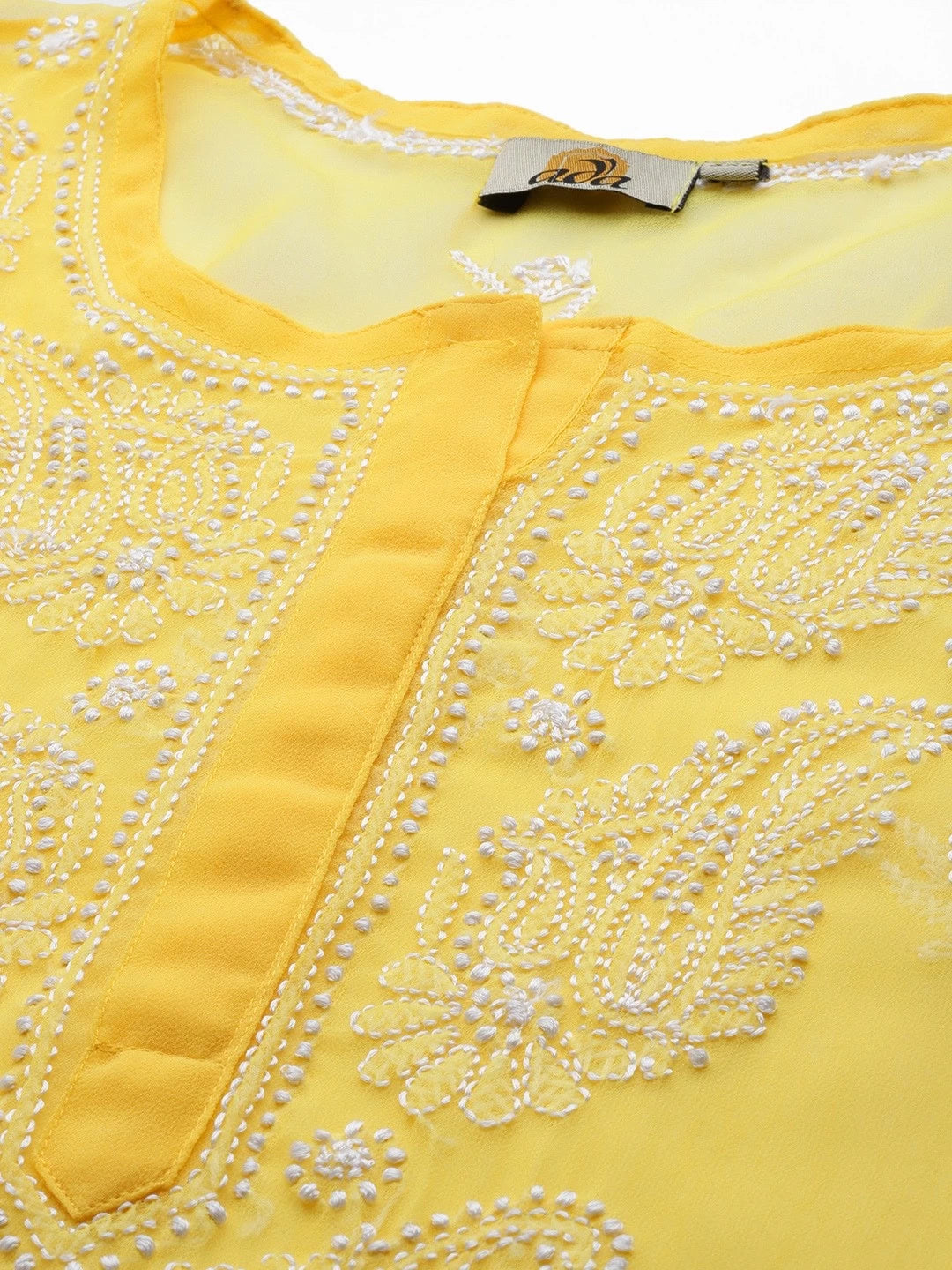 Ada Hand Embroidered Yellow Georgette Lucknowi Chikankari Straight Kurta With Slip A411128