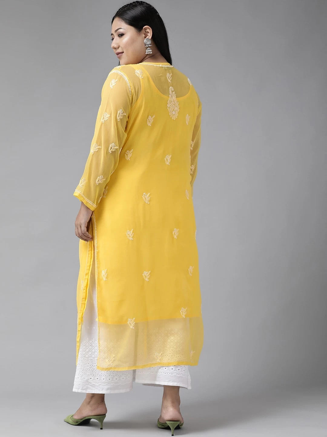 Ada Hand Embroidered Yellow Georgette Lucknowi Chikankari Straight Kurta With Slip A411128