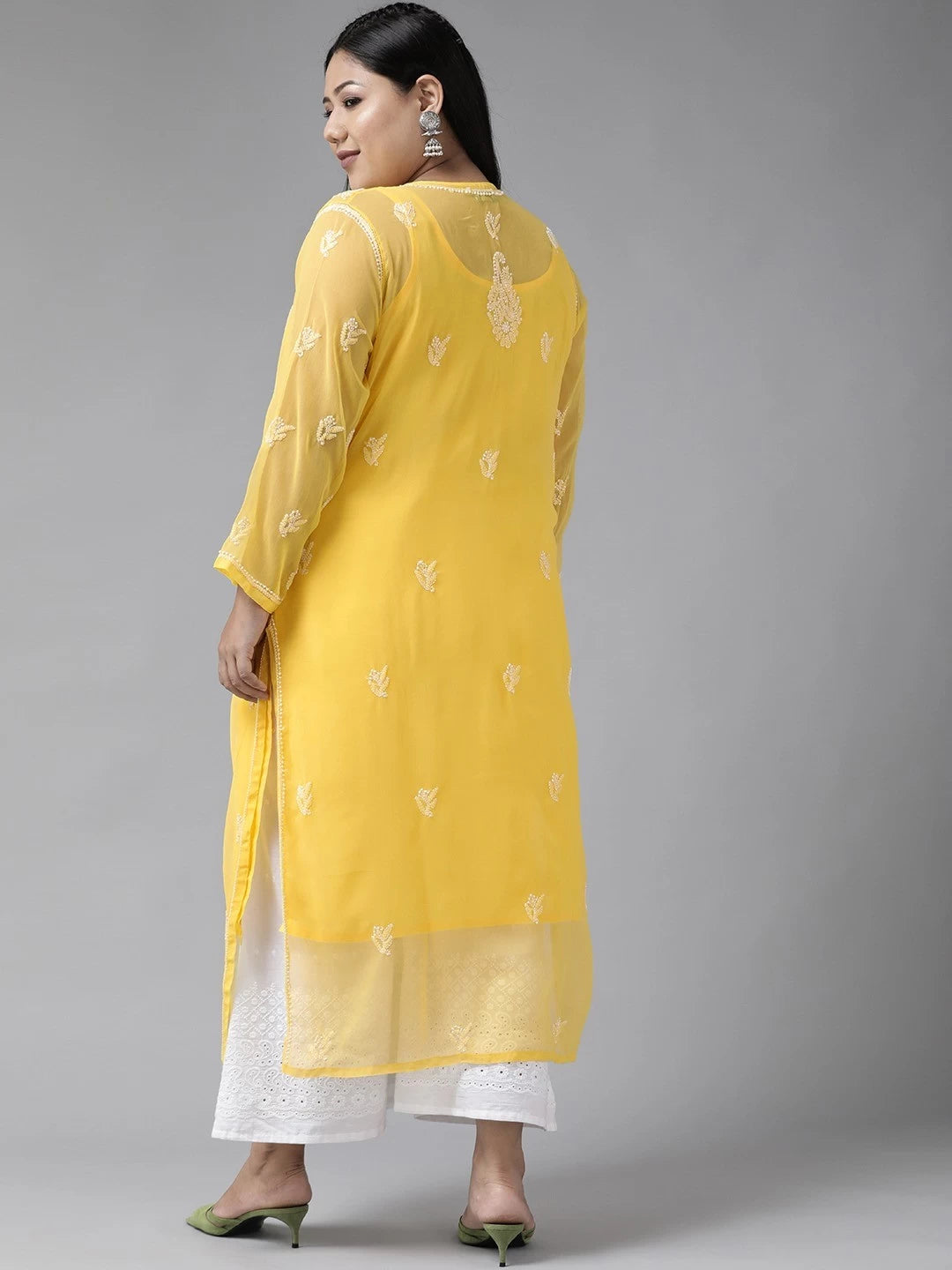 Ada Hand Embroidered Yellow Georgette Lucknowi Chikankari Straight Kurta With Slip A411128