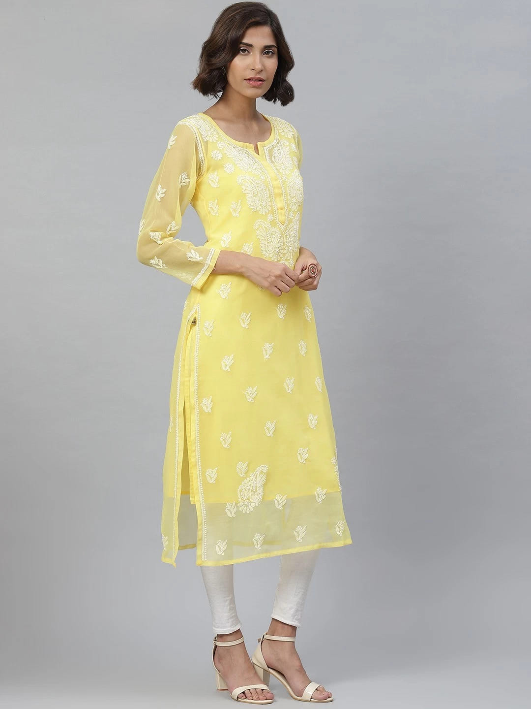 Ada Hand Embroidered Yellow Georgette Lucknowi Chikankari Straight Kurta With Slip A411128