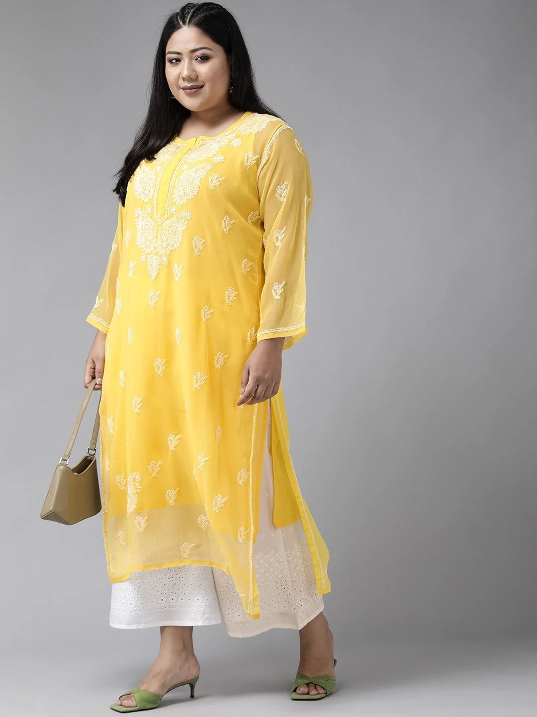Ada Hand Embroidered Yellow Georgette Lucknowi Chikankari Straight Kurta With Slip A411128