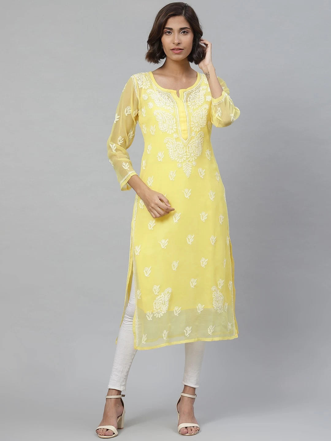 Ada Hand Embroidered Yellow Georgette Lucknowi Chikankari Straight Kurta With Slip A411128