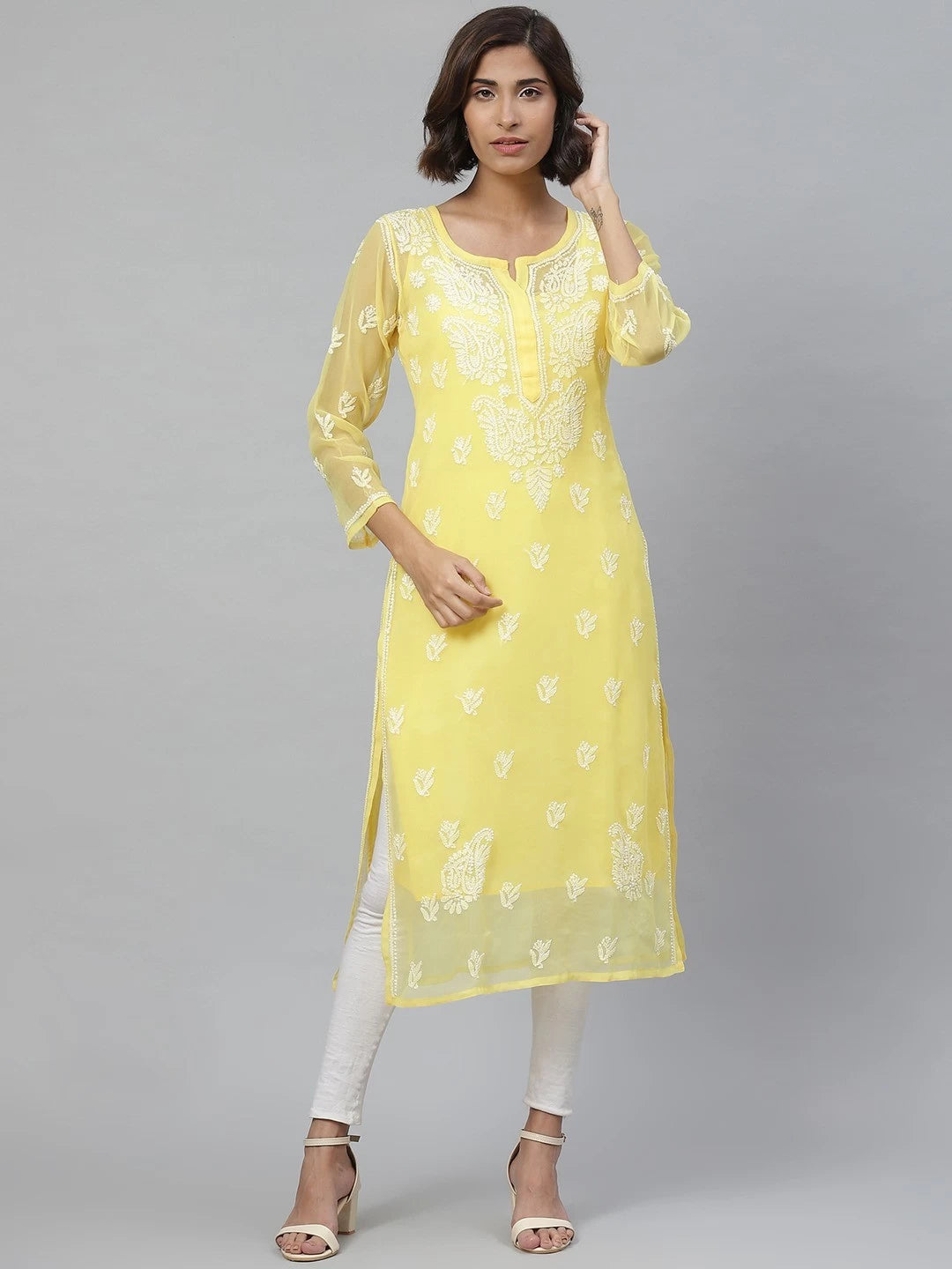 Ada Hand Embroidered Yellow Georgette Lucknowi Chikankari Straight Kurta With Slip A411128