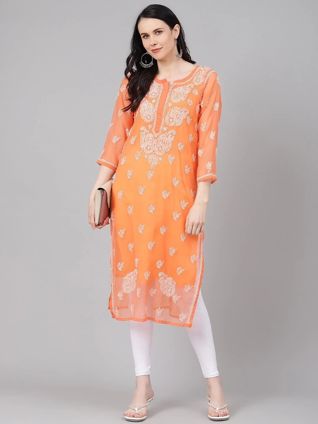 Ada Hand Embroidered Rust Georgette Lucknowi Chikankari Straight Kurta With Slip A411156