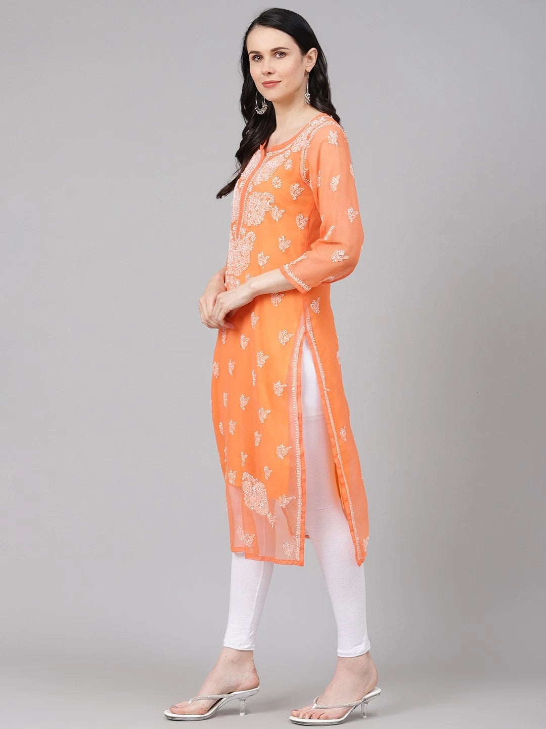 Ada Hand Embroidered Rust Georgette Lucknowi Chikankari Straight Kurta With Slip A411156