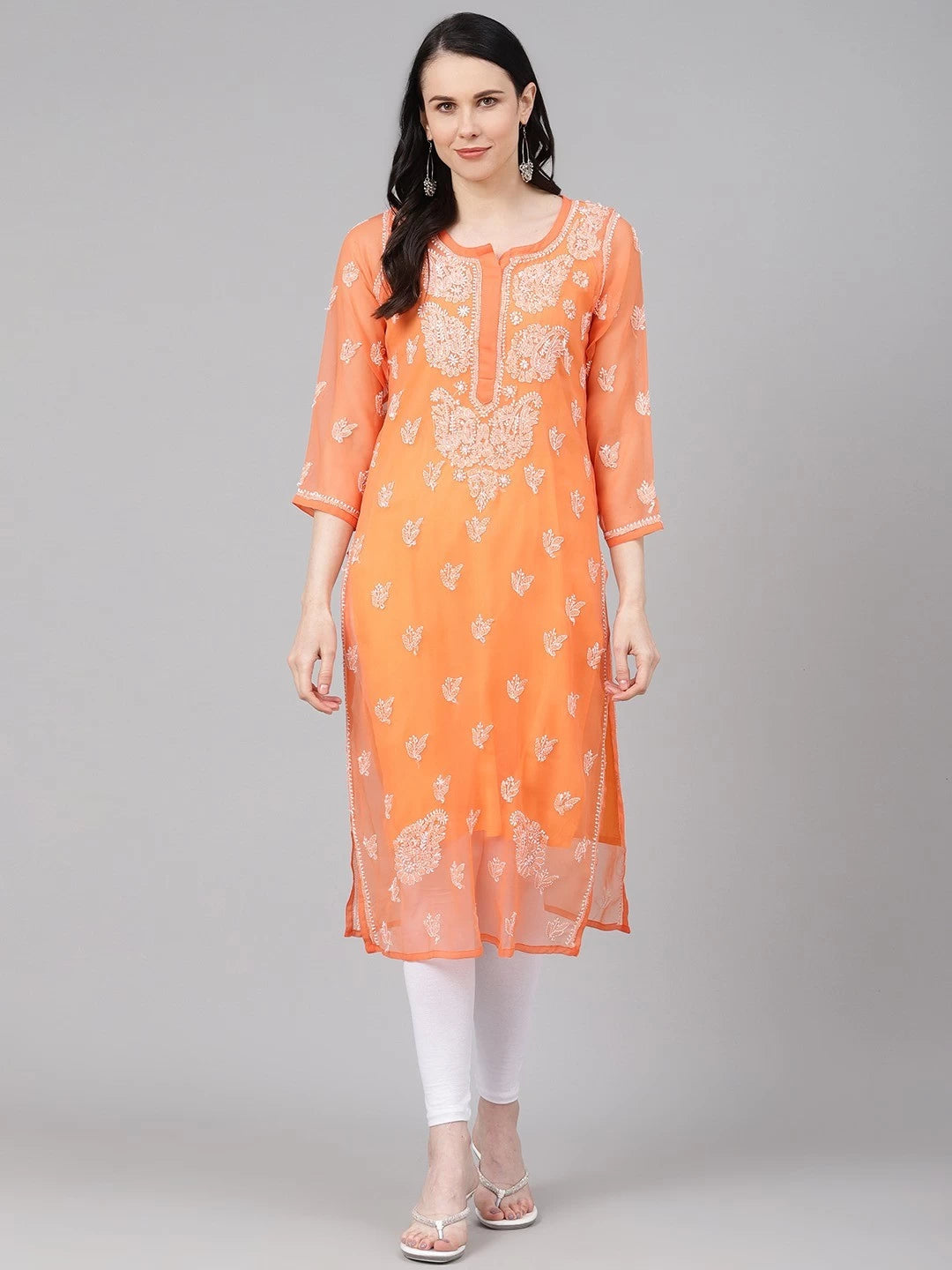 Ada Hand Embroidered Rust Georgette Lucknowi Chikankari Straight Kurta With Slip A411156