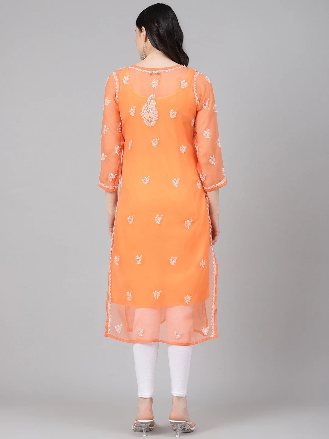 Ada Hand Embroidered Rust Georgette Lucknowi Chikankari Straight Kurta With Slip A411156